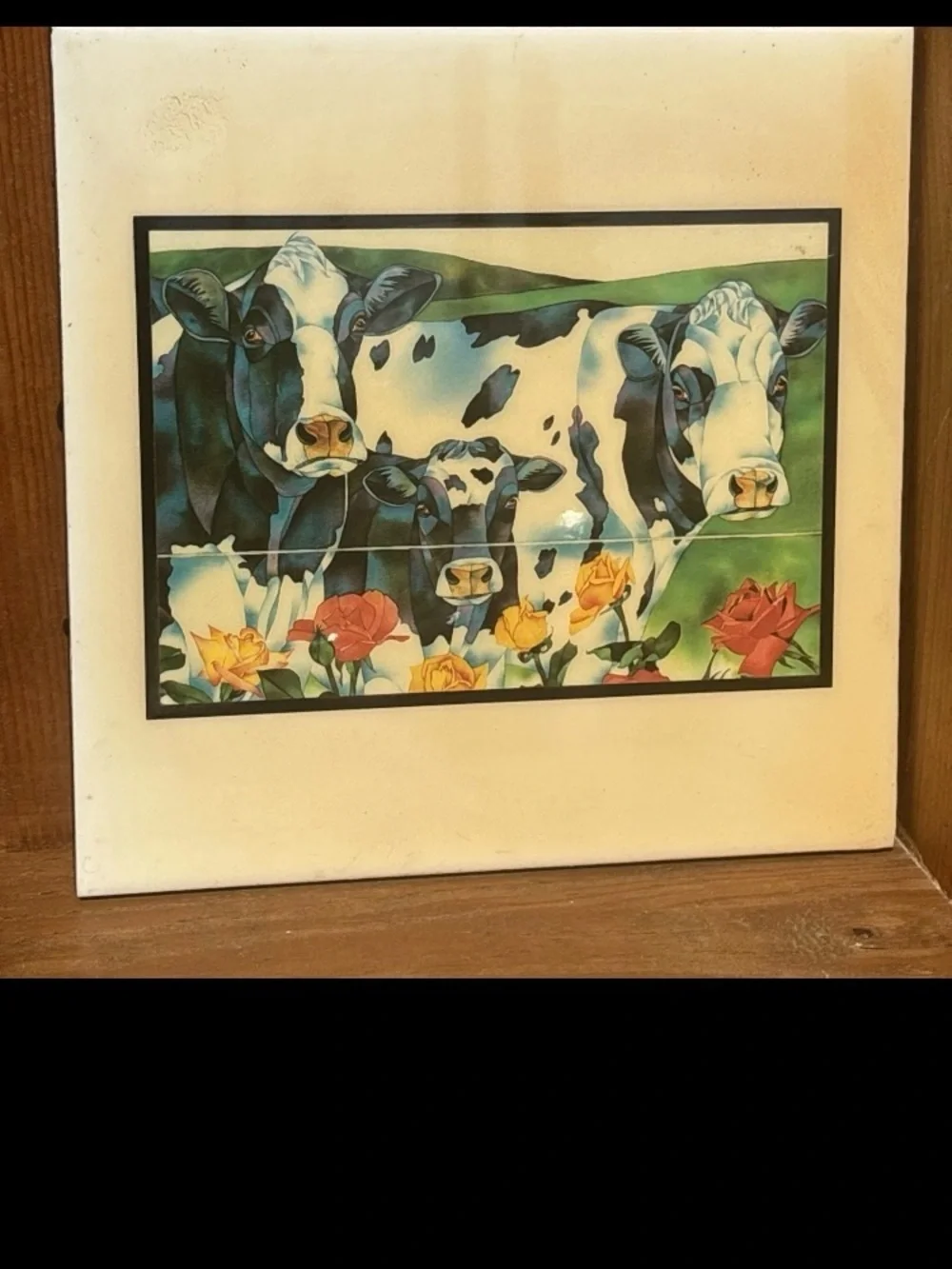 Vintage A.R.T. Co Holstein cows ceramic art tile hanging wall plaque Made In USA